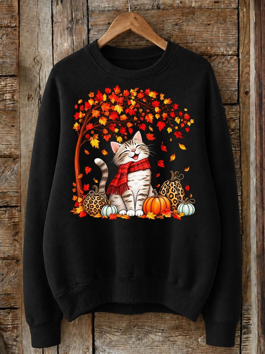 Cat Under Maple Tree With Pumpkins - Nature Story Cotton Blend Sweatshirt