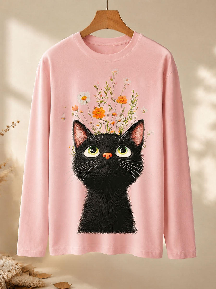 Curious Cat Beneath Daisies - Nature Story Cotton Long Sleeve Tee