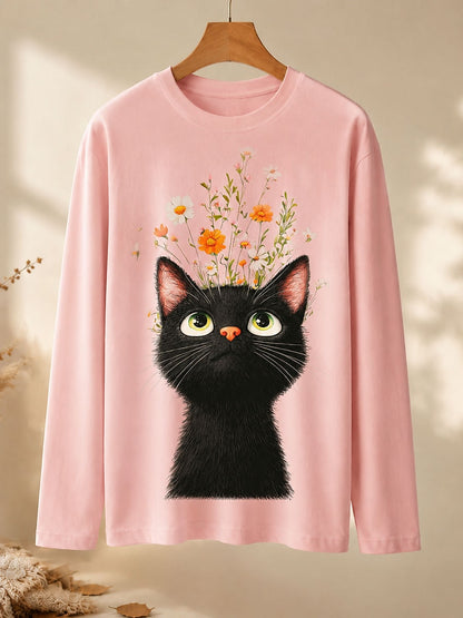 Curious Cat Beneath Daisies - Nature Story Cotton Long Sleeve Tee