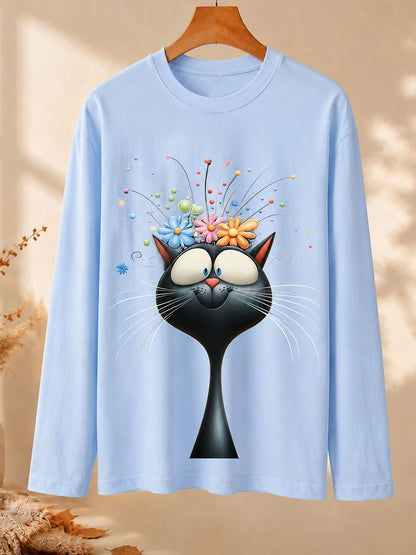 Whimsical Cat With Flowers - Nature Story Cotton Long Sleeve Tee
