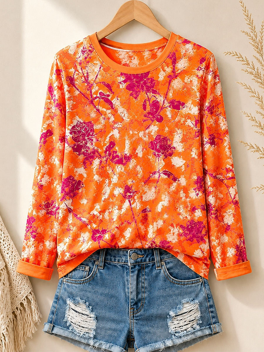 Distressed Floral Blossoms women's cotton long sleeve tee - Orange