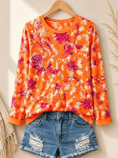 Distressed Floral Blossoms women's cotton long sleeve tee - Orange