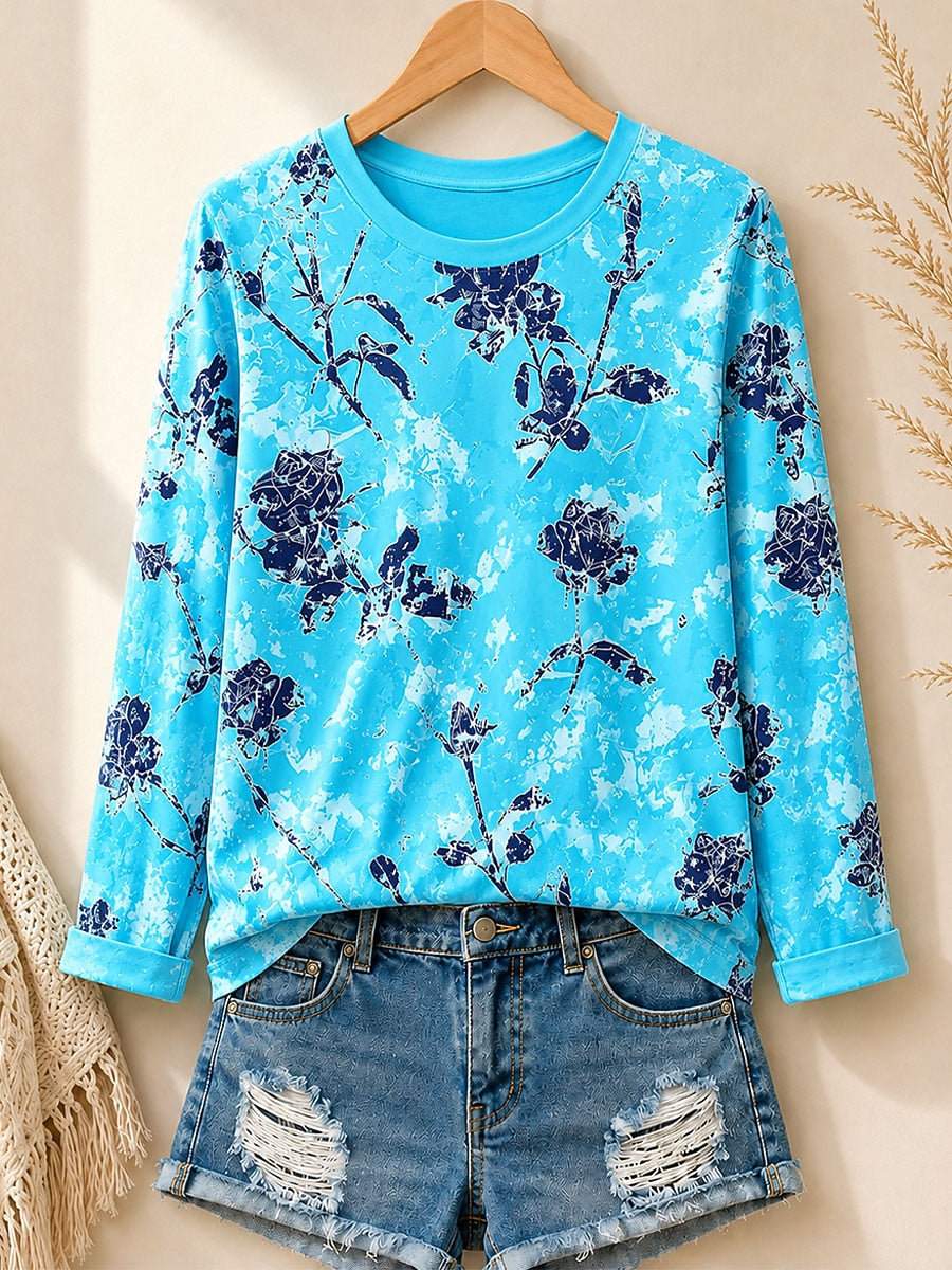 Distressed Floral Blossoms women's cotton long sleeve tee - Blue