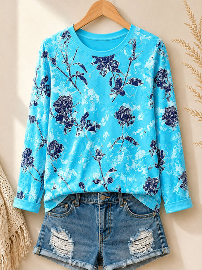 Distressed Floral Blossoms women's cotton long sleeve tee - Blue