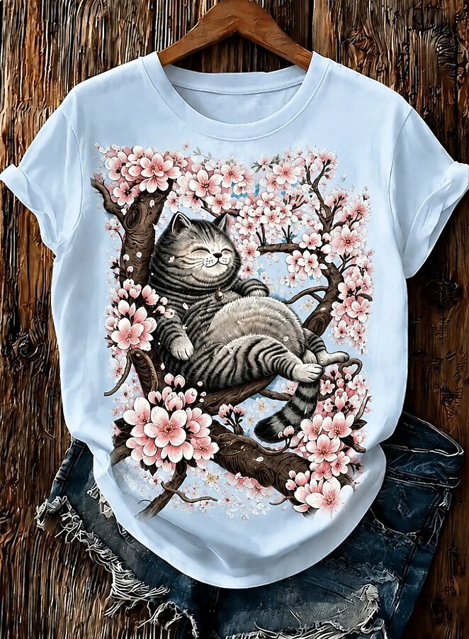 Vintage Gartenkatze – T-Shirt aus natürlicher Baumwolle mit Blumenmuster