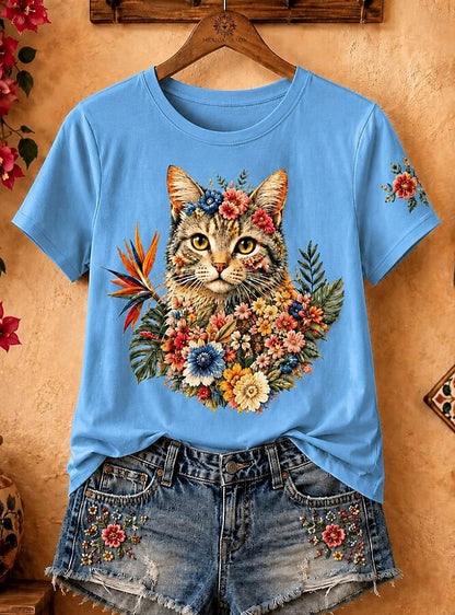 Cat Among Daisies And Bird Of Paradise - Nature Story Cotton Tee