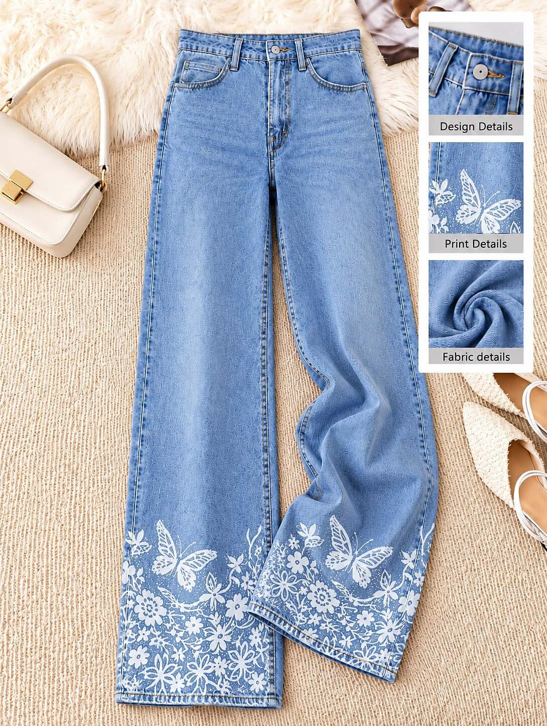 Floral Detail Wide Leg Jeans - Flora Women's Jeans