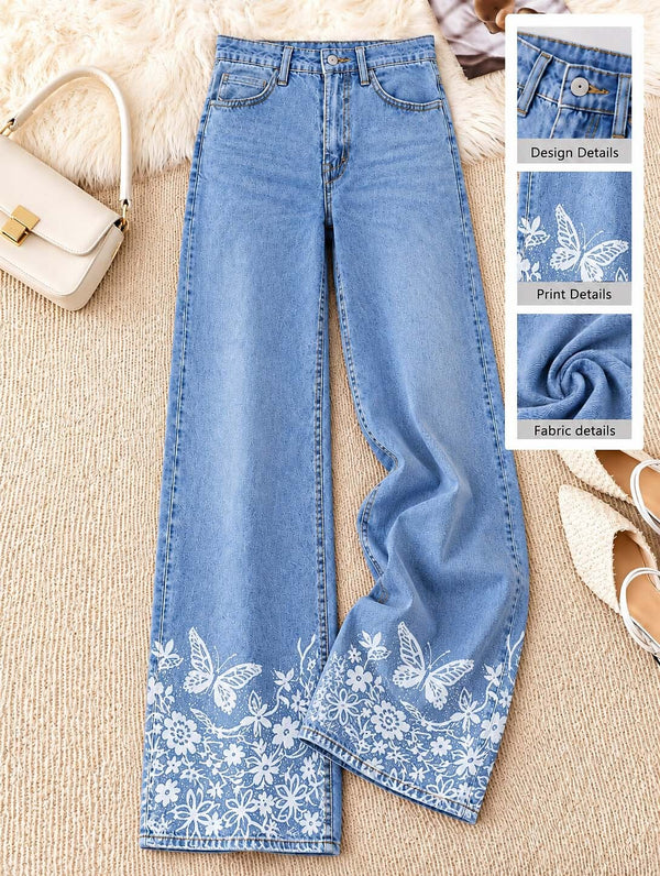Floral Detail Wide Leg Jeans - Flora Women's Jeans