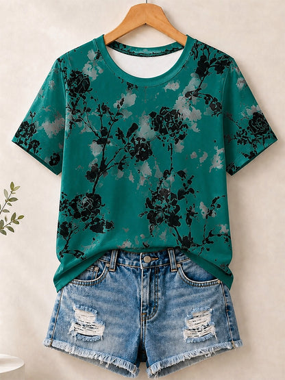 Ink Wash Botanical Blossoms Allover Print women's cotton tee - Blue