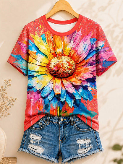 Watercolor Daisy Bloom women's cotton tee - Blue