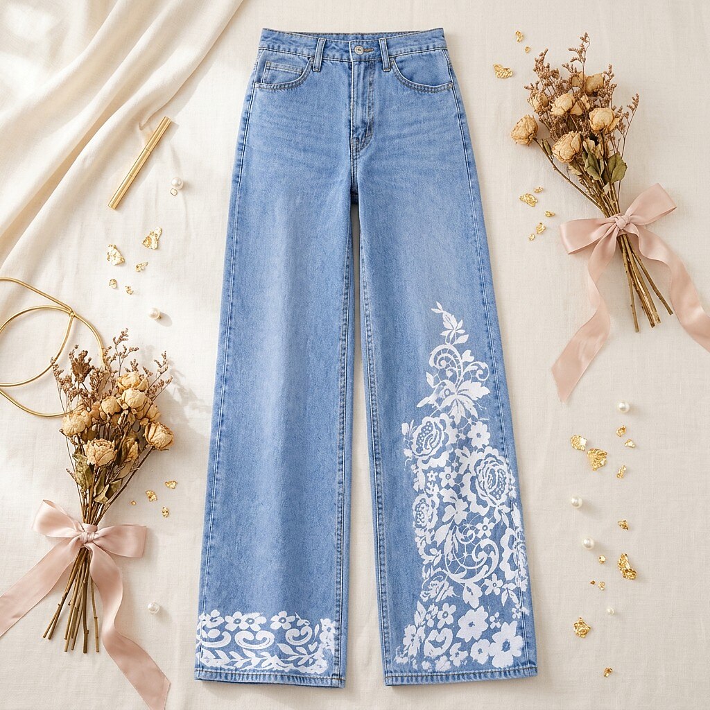 Floral Side Panel Wide Leg Jeans - Flora Women's Jeans