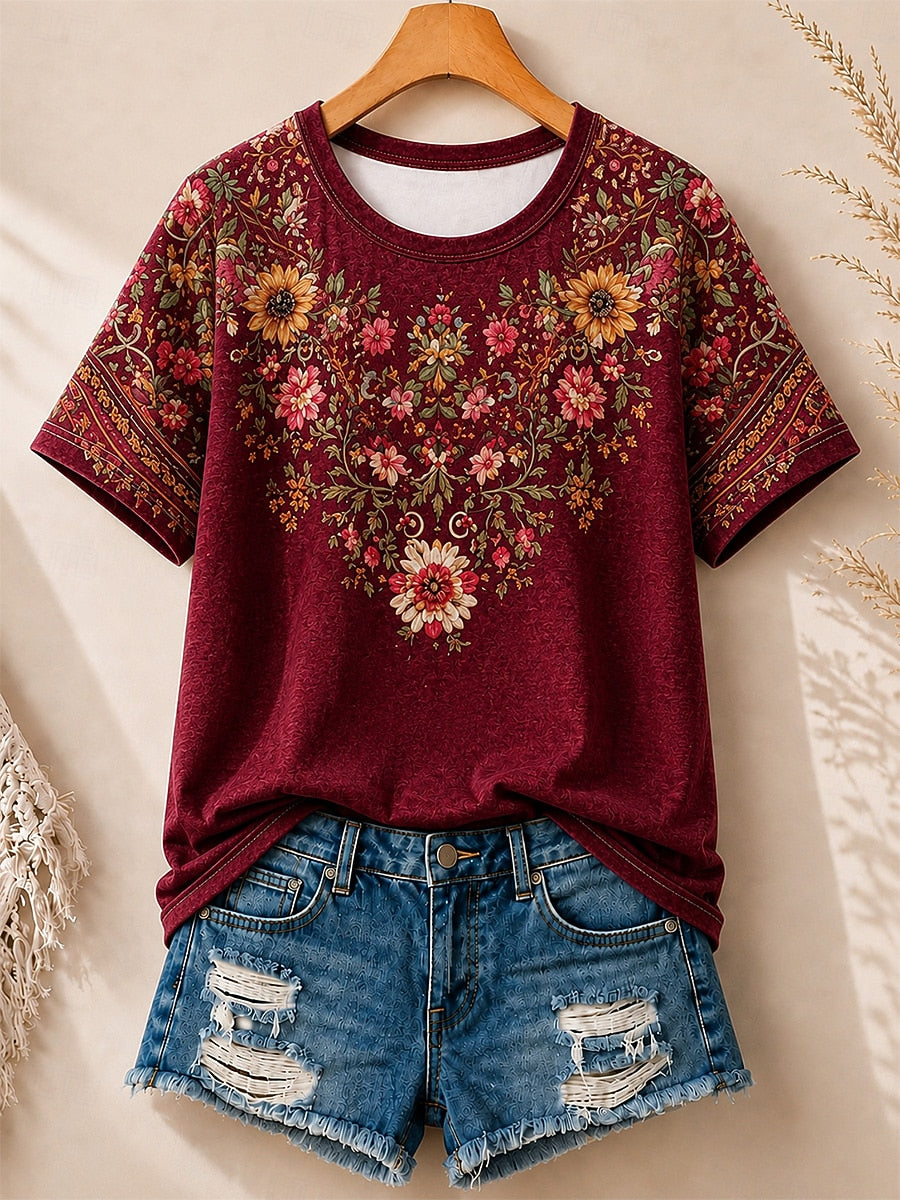 Vintage Wildflower Border women's cotton tee - Blue