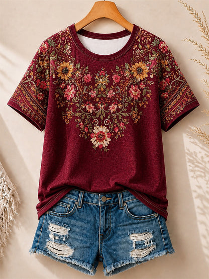 Vintage Wildflower Border women's cotton tee - Blue