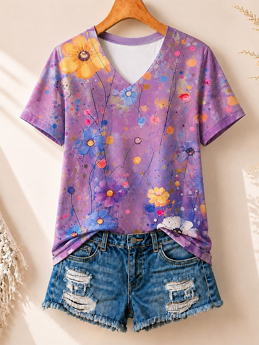 Watercolor Wildflowers Allover Print women's cotton tee - Blue