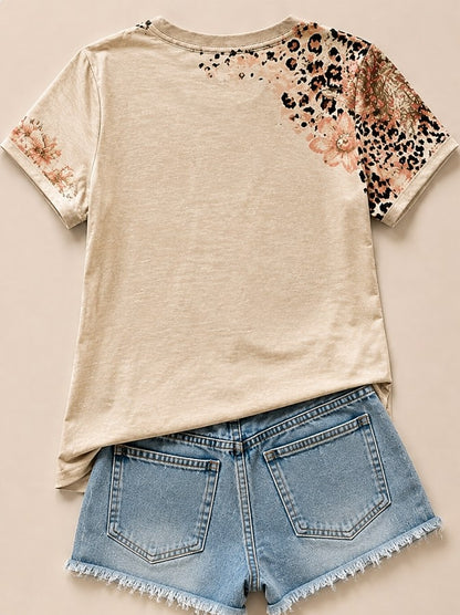 Beige Floral Cotton Tee in Light Beige