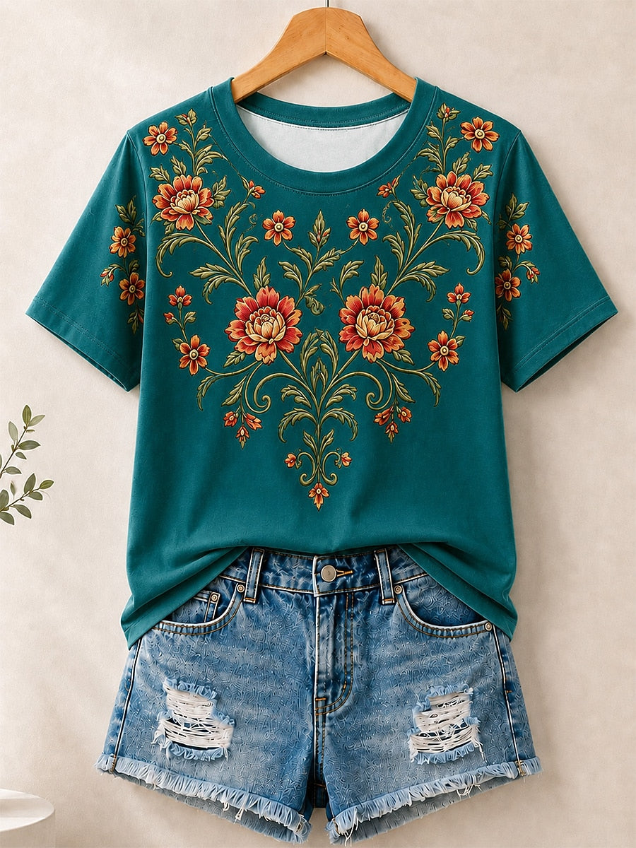 Vintage Floral Medallion women's cotton tee - White