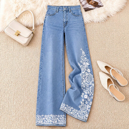 Floral Border Wide Leg Jeans - Flora Women's Jeans