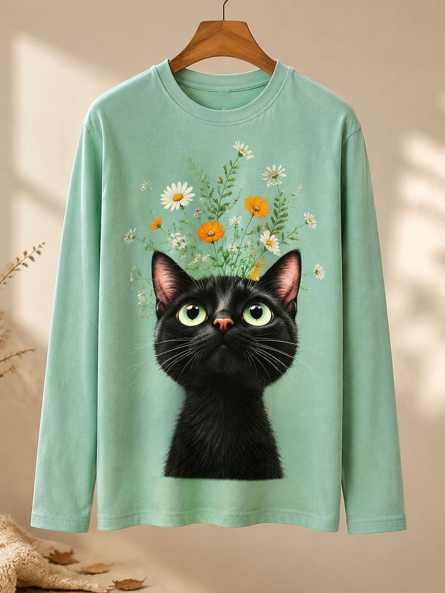 Curious Cat Beneath Daisies - Nature Story Cotton Long Sleeve Tee
