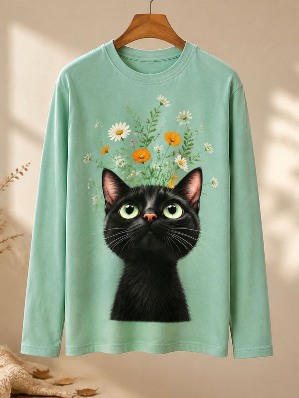 Curious Cat Beneath Daisies - Nature Story Cotton Long Sleeve Tee