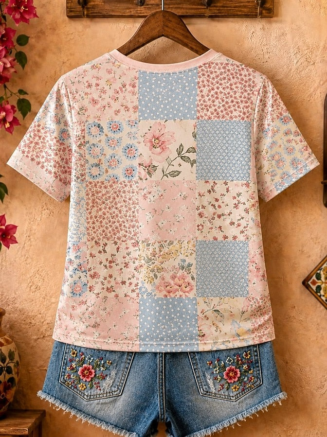 Pink Floral Cotton Tee in Pink