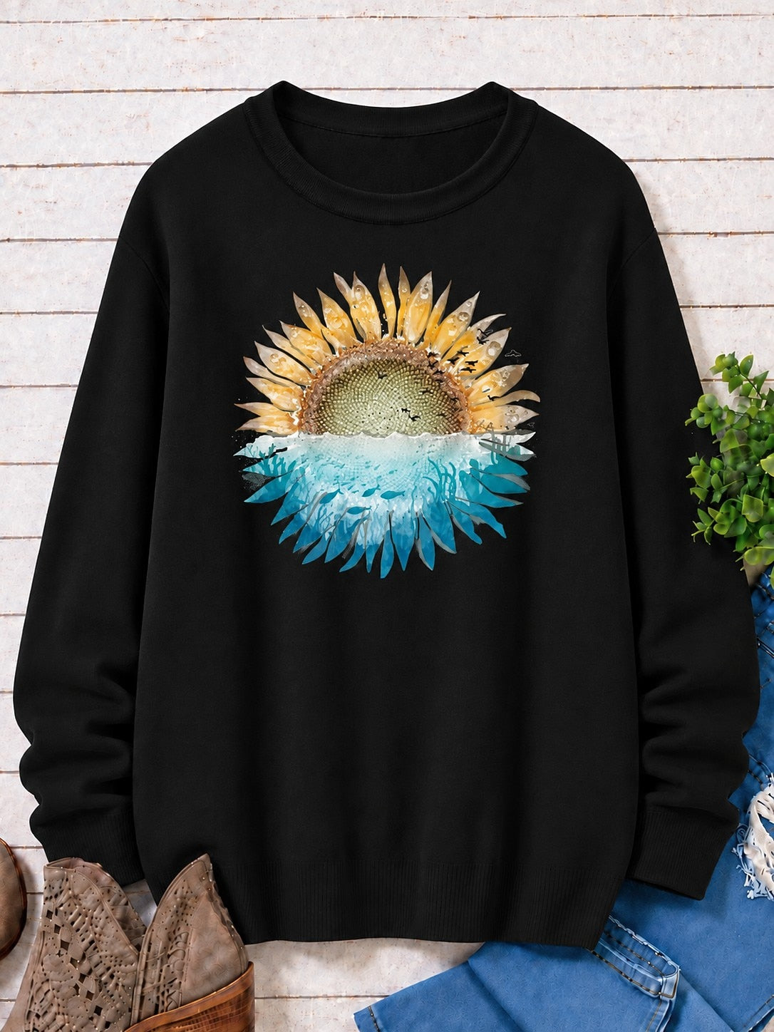 Sun Over Ocean With Botanical Leaves women's sweatshirts - product image 2