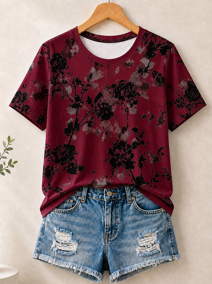 Ink Wash Botanical Blossoms Allover Print women's cotton tee - Blue