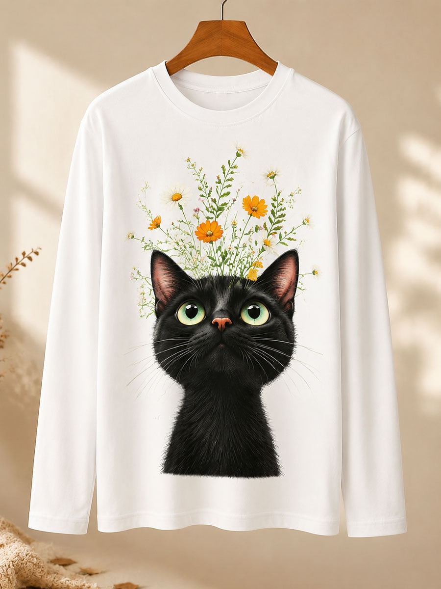 Curious Cat Beneath Daisies - Nature Story Cotton Long Sleeve Tee