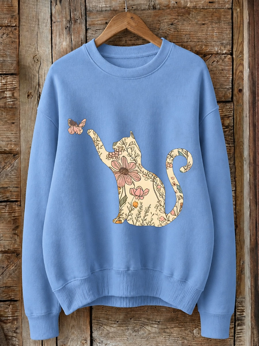 Floral Cat With Butterfly - Nature Story Cotton Blend Sweatshirt