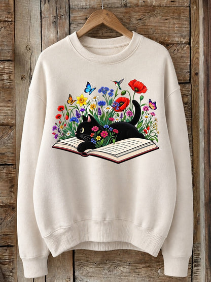 Cat Reading Among Wildflowers - Nature Story Cotton Blend Sweatshirt