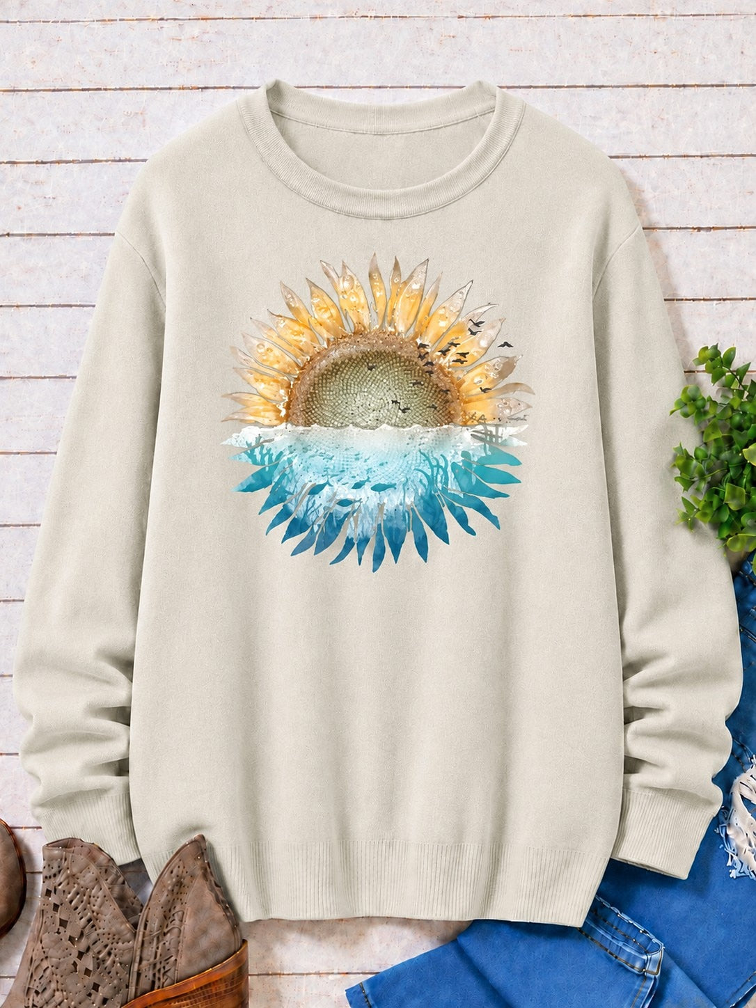 Sun Over Ocean With Botanical Leaves women's sweatshirts - product image 3