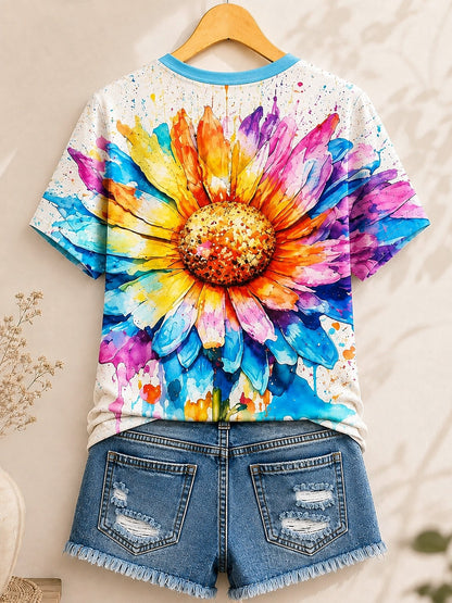 Watercolor Daisy Bloom women's cotton tee - Blue