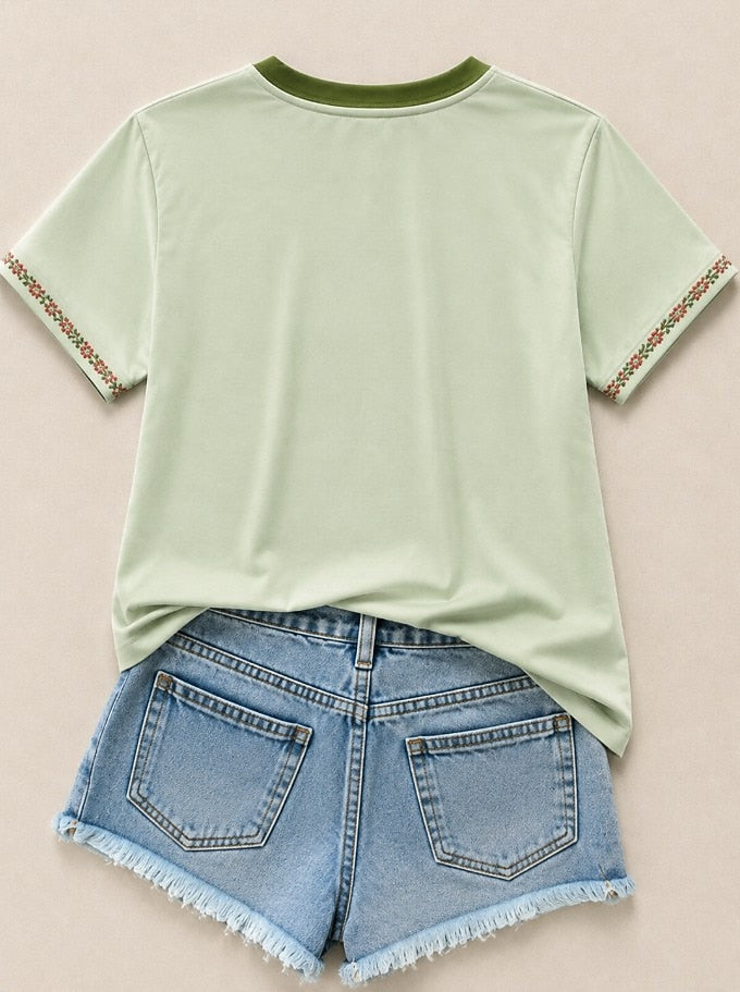 Green Floral Cotton Tee in Green