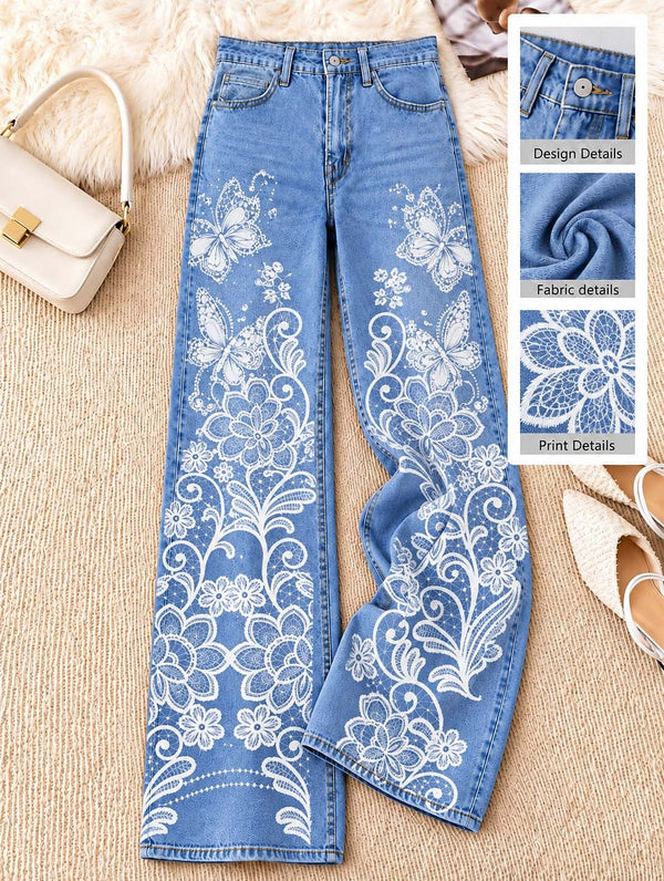 Floral Hem Border Wide Leg Jeans - Flora Women's Jeans