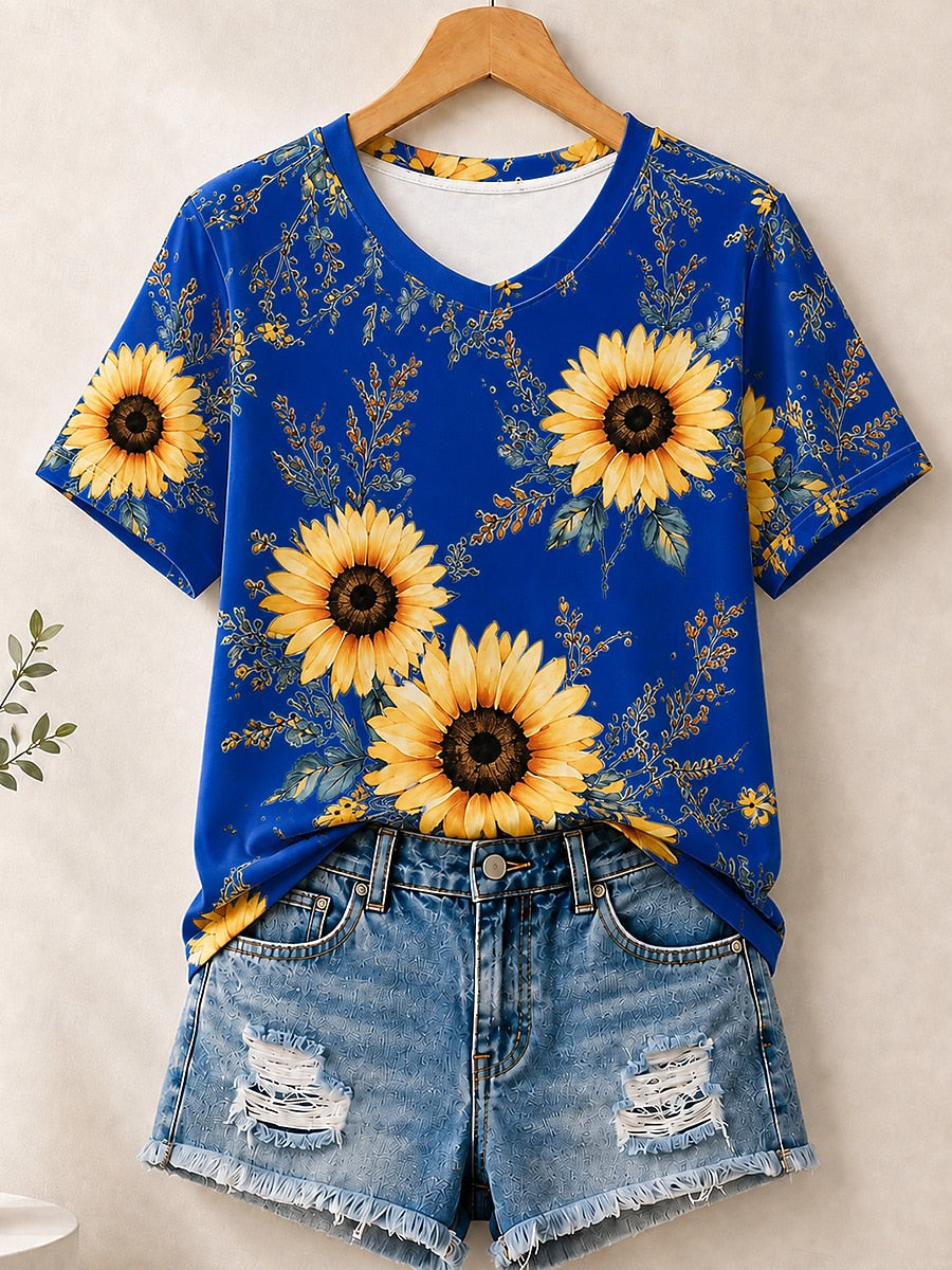 Sunflowers Allover Print women's cotton tee - Blue