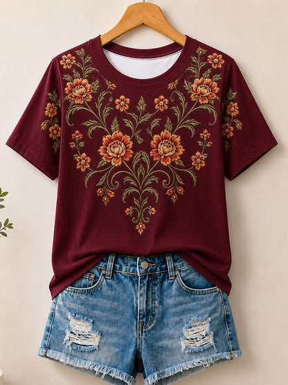 Vintage Floral Medallion women's cotton tee - White