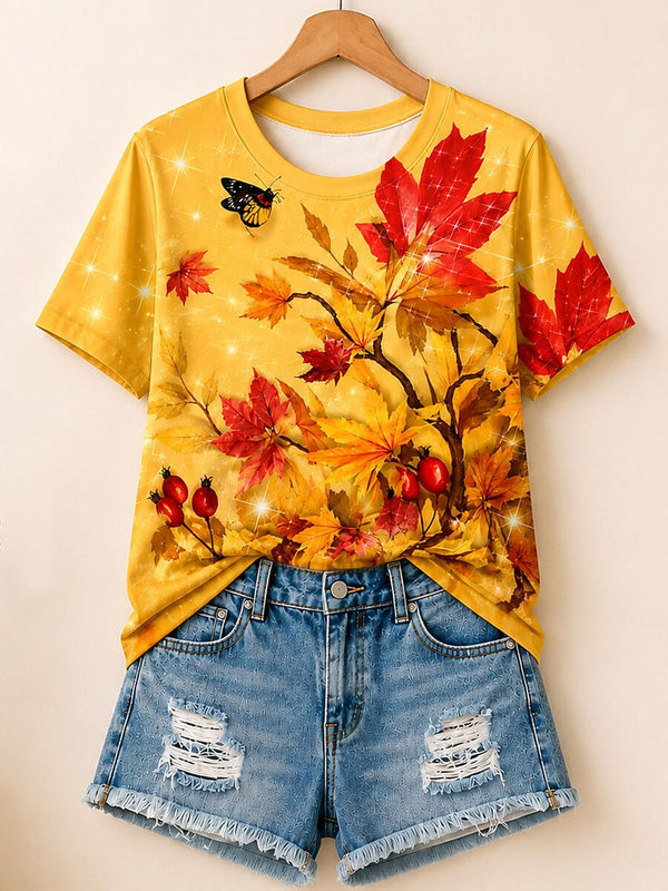 Autumn Maple Leaves With Butterflies - Life Stories Cotton Tee