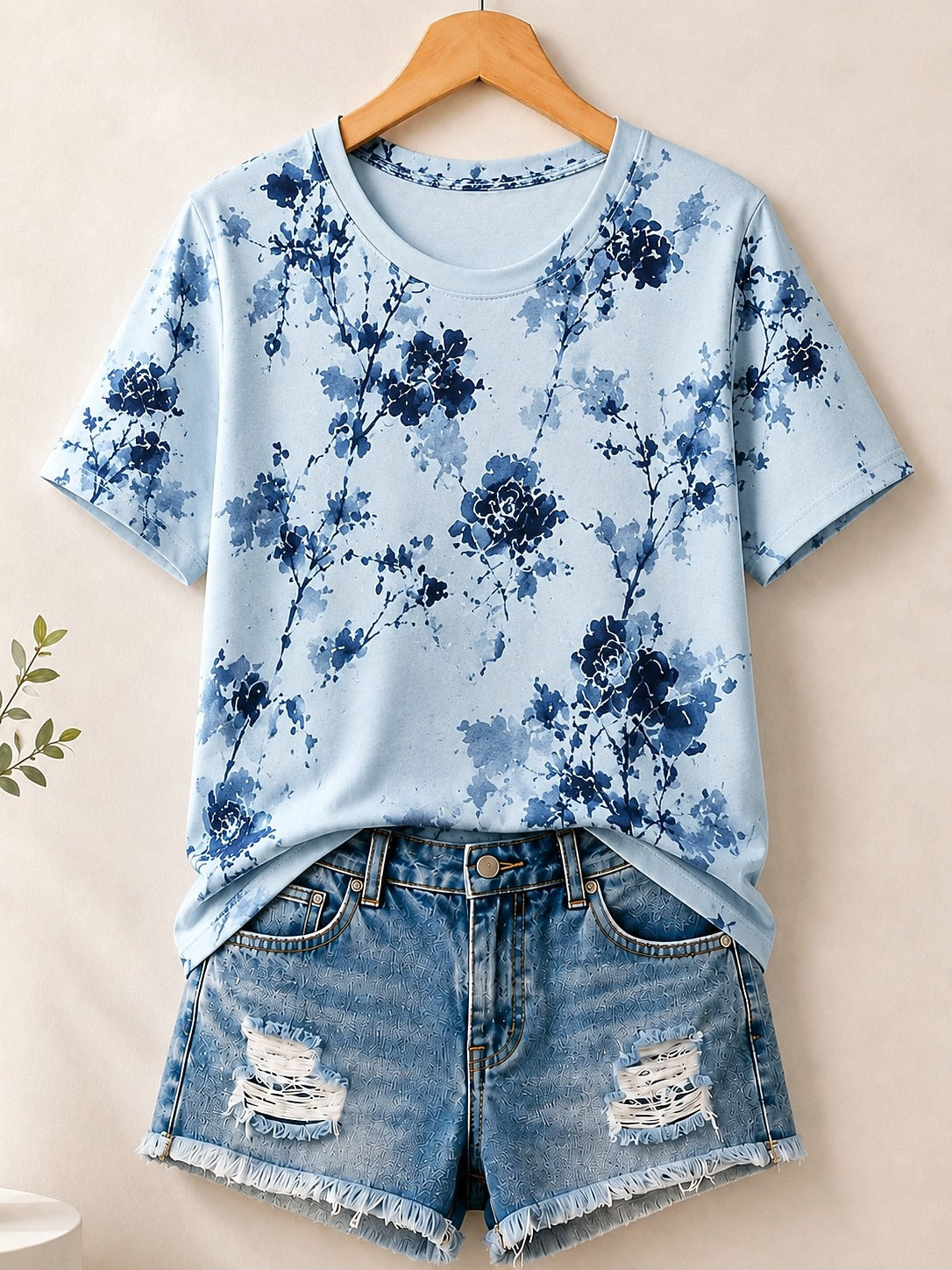 Ink Wash Botanical Blossoms Allover Print women's cotton tee - Blue