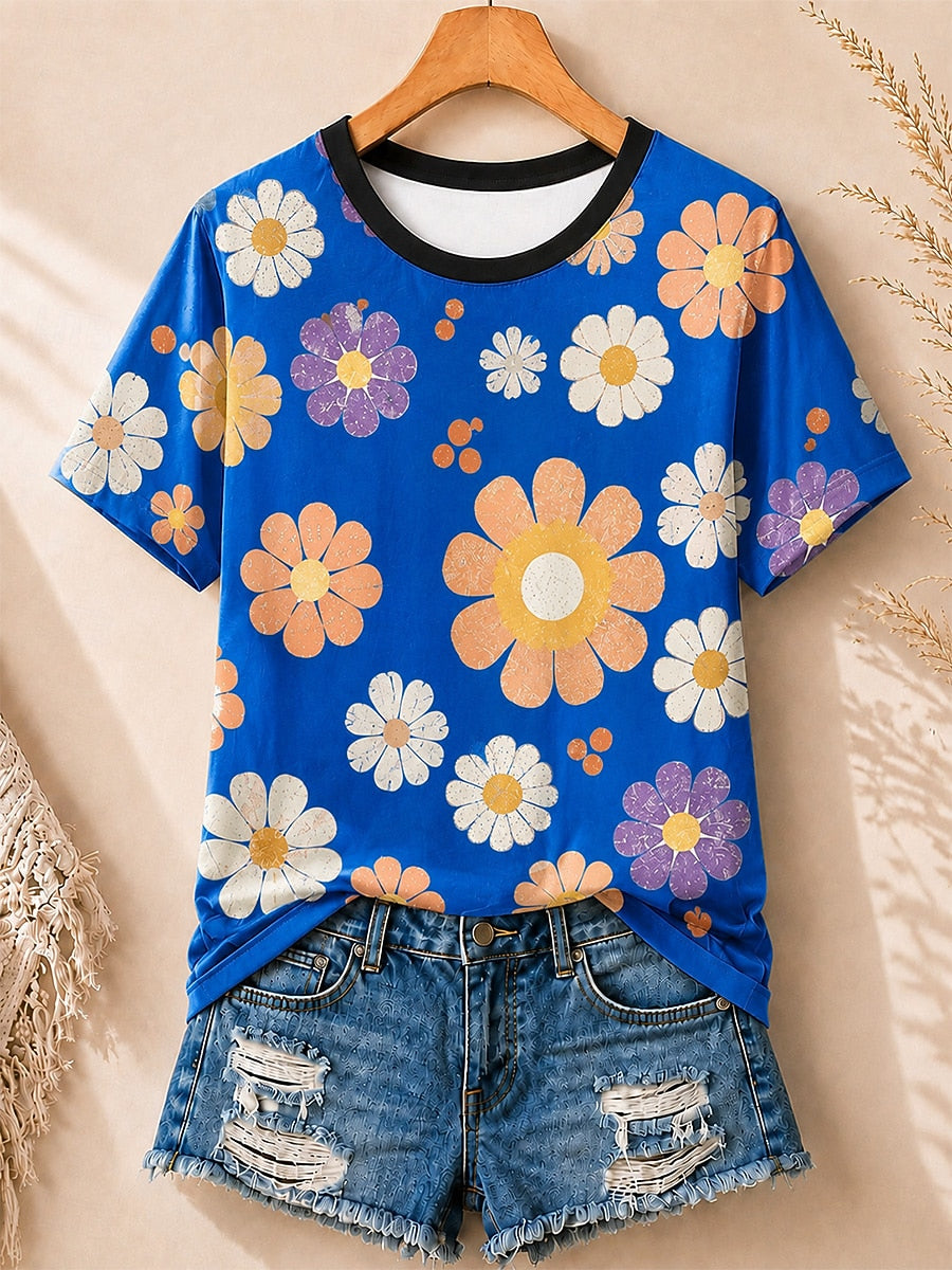 Retro Daisies Allover Print women's cotton tee - Blue