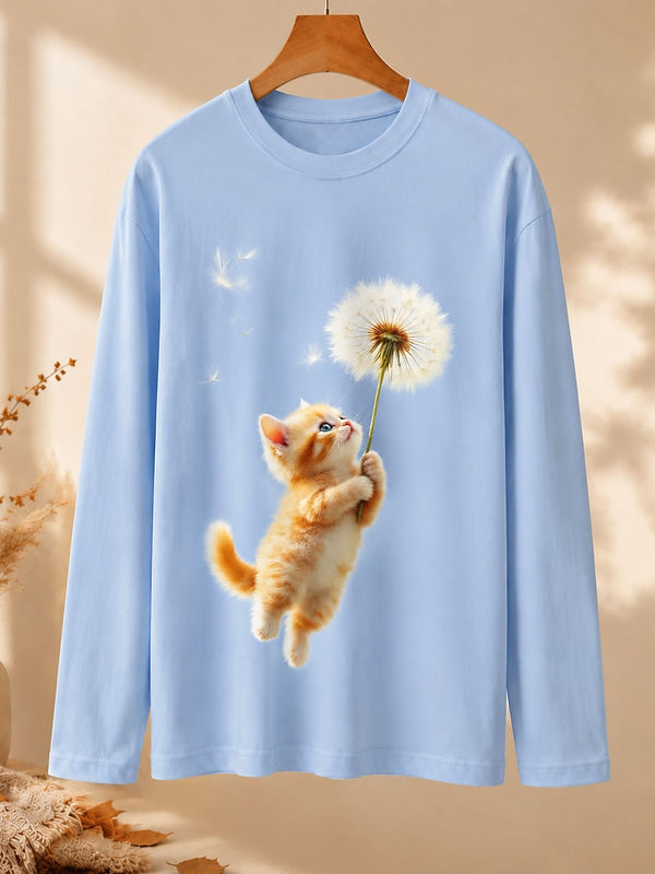 Cat Reaching For A Dandelion - Nature Story Cotton Long Sleeve Tee