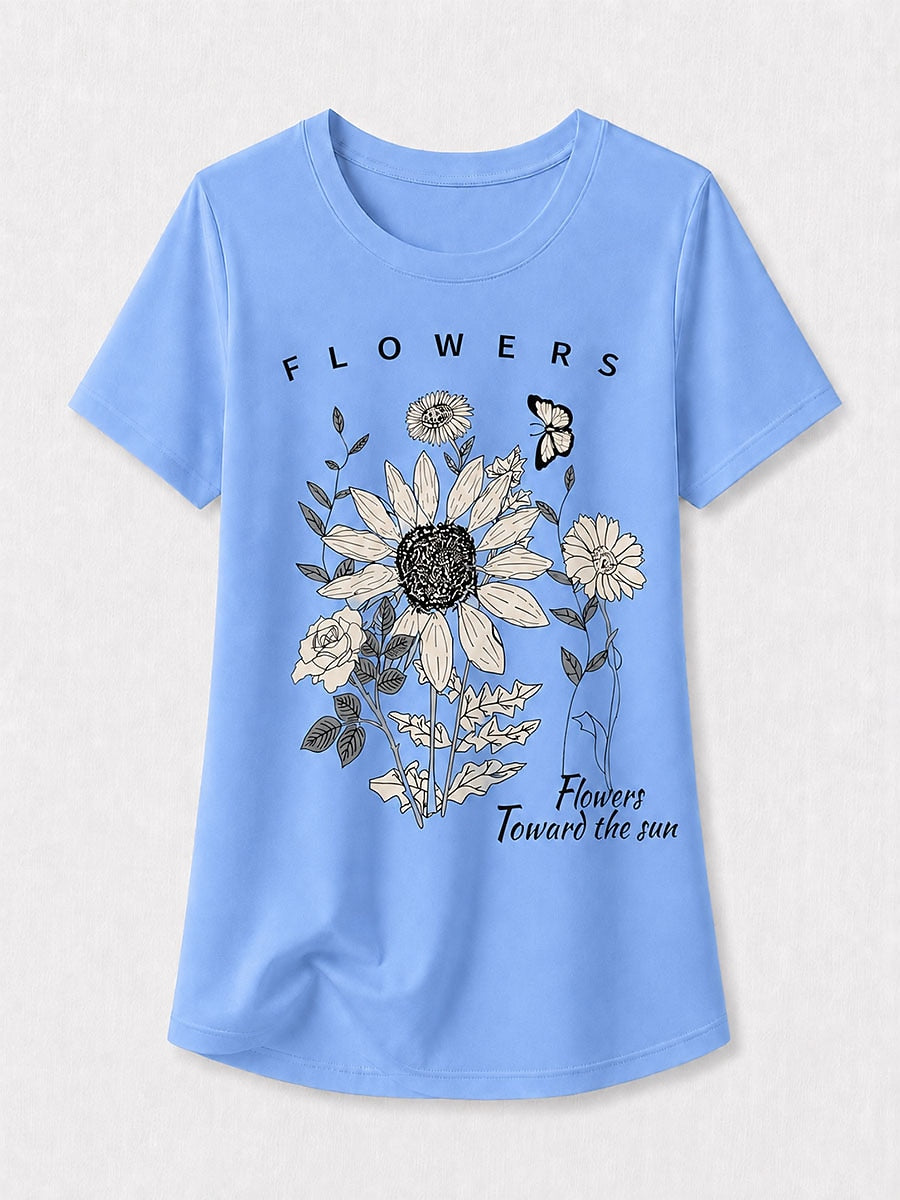 Sky Blue Botanical Tee in Green with beige