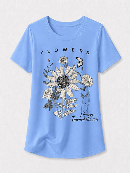Sky Blue Botanical Tee in Green with beige