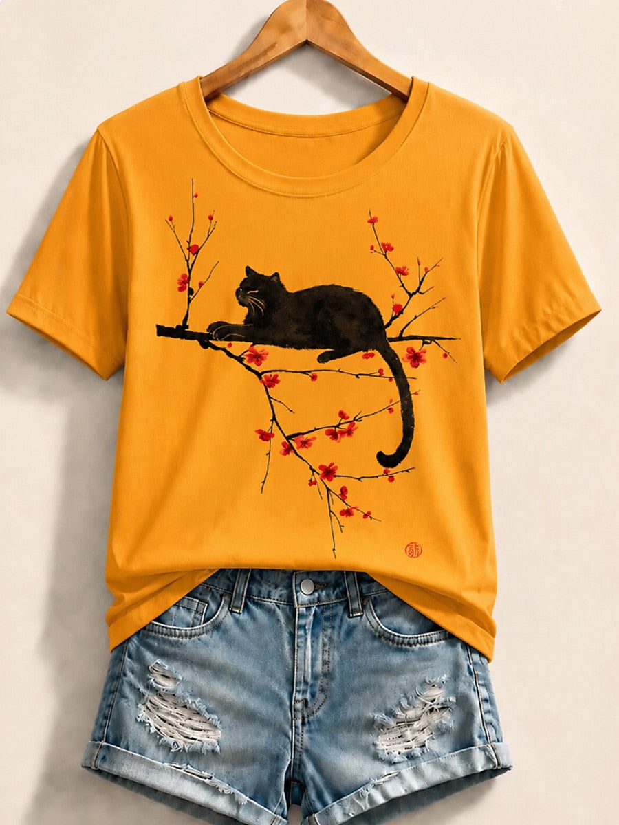 Cat Graphic Cotton Tee in White