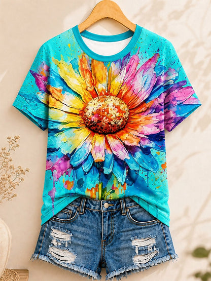 Watercolor Daisy Bloom women's cotton tee - Blue