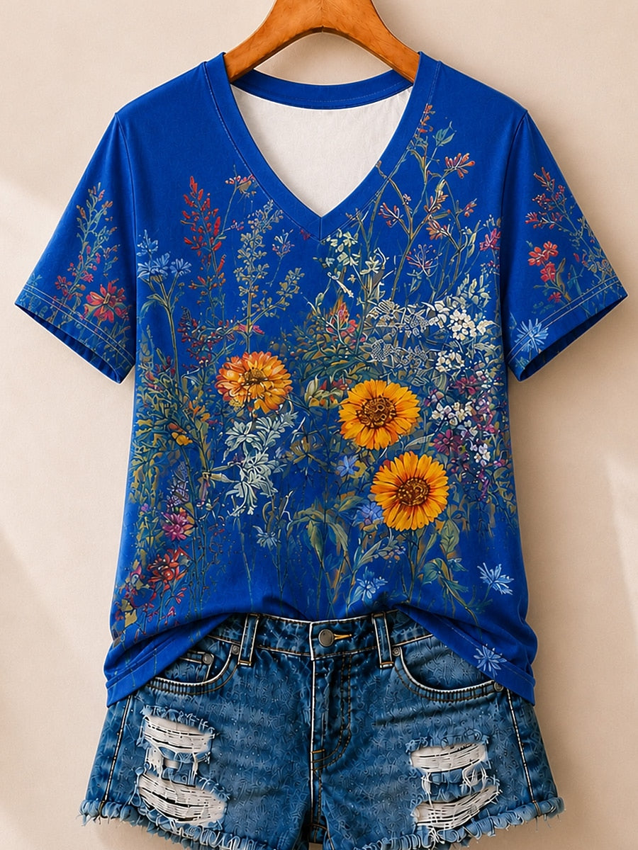 Sunflowers And Wildflowers women's cotton tee - Blue