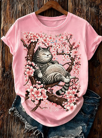 Pink Cat Cotton Tee in White
