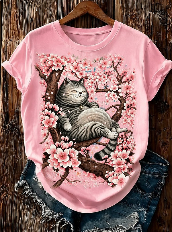 Cat Among Cherry Blossoms - Nature Story Cotton Tee