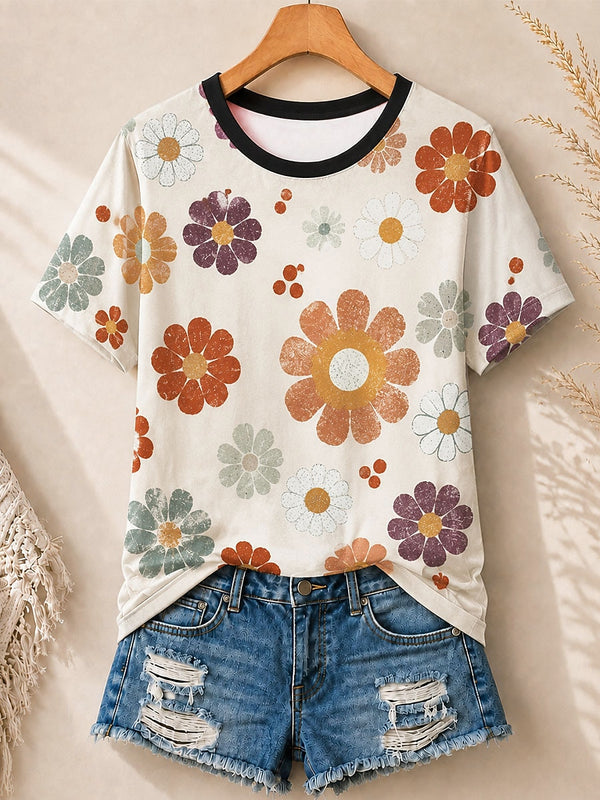 Retro Daisies Allover Print - Flora Cotton Tee