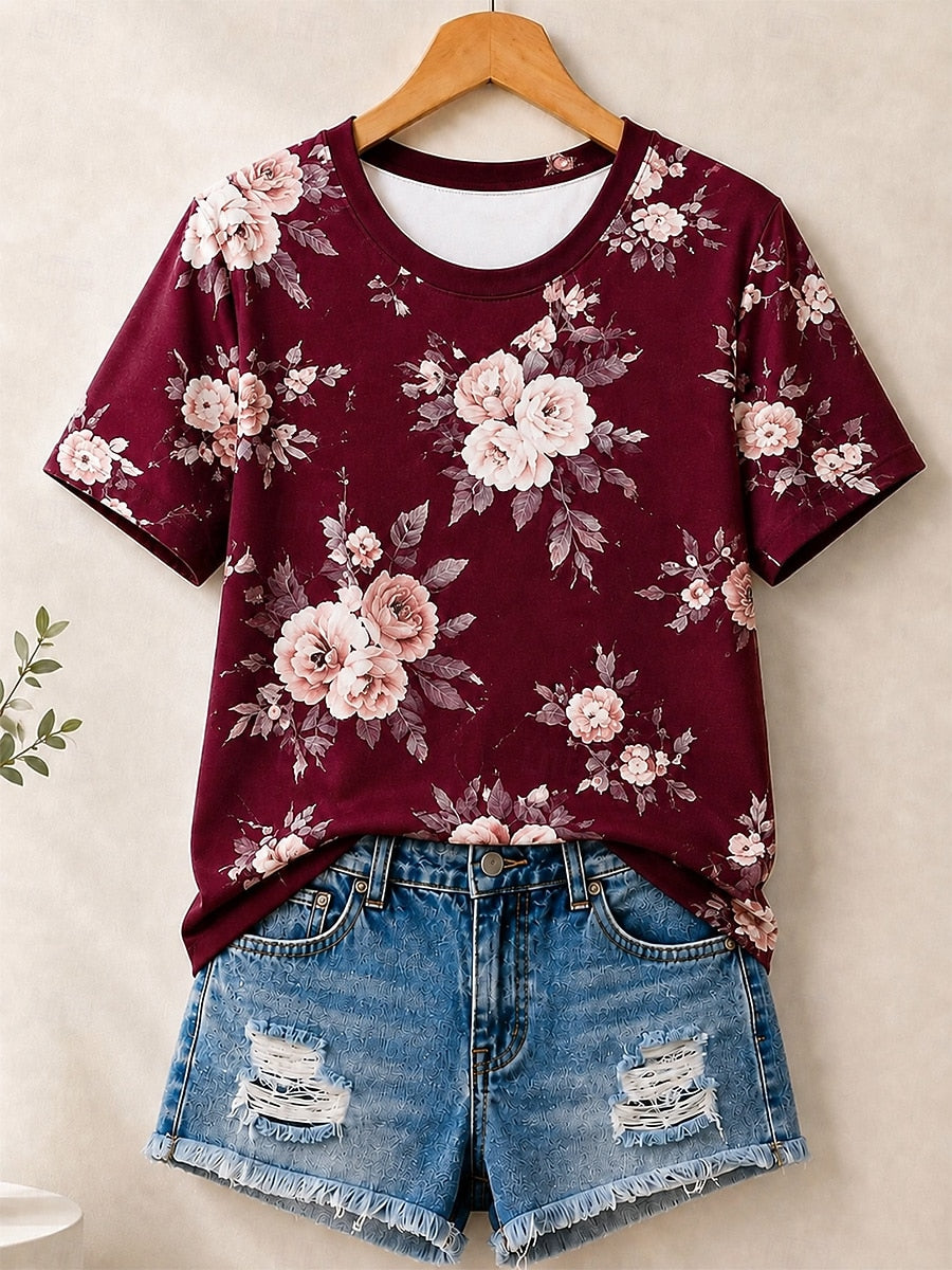 Floral Blossoms Allover Print women's cotton tee - Blue