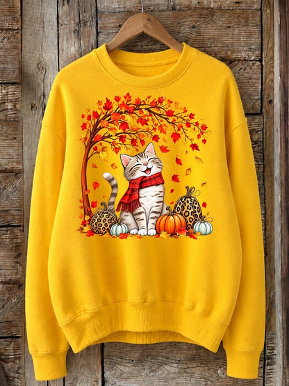 Cat Under Maple Tree With Pumpkins - Nature Story Cotton Blend Sweatshirt