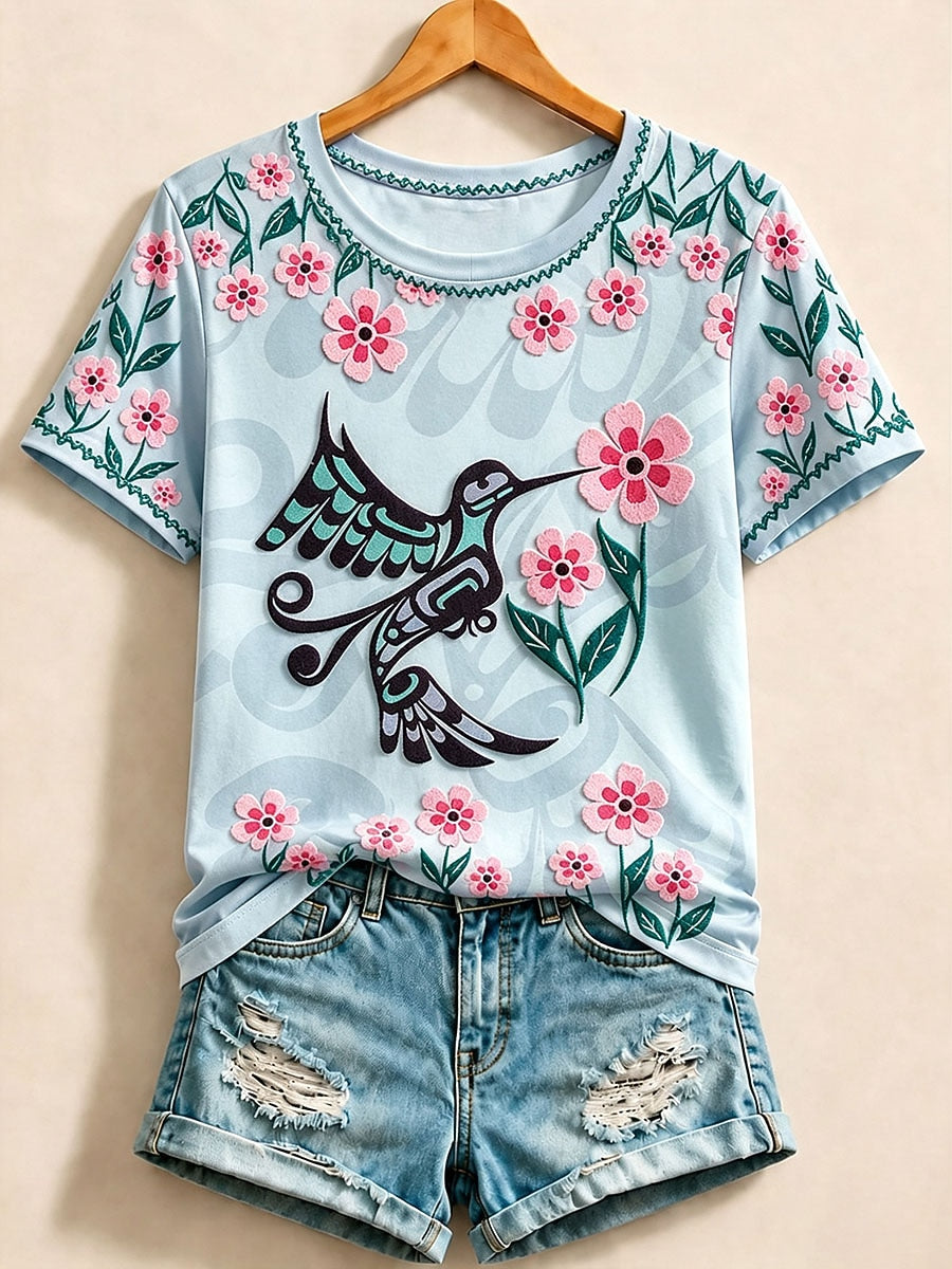 Purple Bird Cotton Tee in Blue